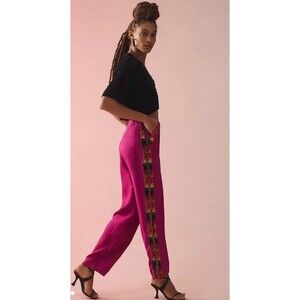 Anthropologie Farm Rio Pants Women Pink Carrot Linen Boho Beaded Retro Small New